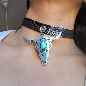 Cow skull leather choker
